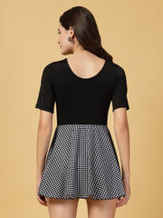 CUKOO Black checkered Half Sleeve Skirted swimwear