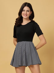 CUKOO Black checkered Half Sleeve Skirted swimwear