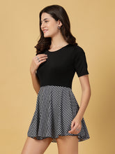 CUKOO Black checkered Half Sleeve Skirted swimwear