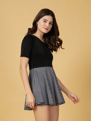 CUKOO Black checkered Half Sleeve Skirted swimwear