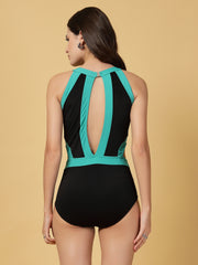 CUKOO Black with Green Border Teal Trim Cut-Out Swimwear