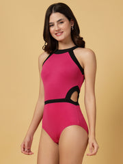 CUKOO Pink with Black Borders Teal Trim Cut-Out Swimwear