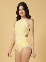 CUKOO Yellow Stripes Teal Trim Cut-Out Swimsuit