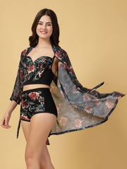Padded Black-Red Floral Print 3 pc Swim Set