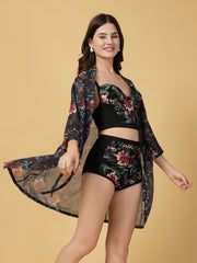 Padded Black-Red Floral Print 3 pc Swim Set