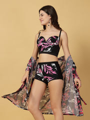 Padded Black-Pink Floral Print 3 pc Swim Set