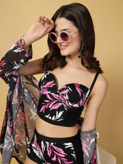 Padded Black-Pink Floral Print 3 pc Swim Set