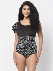 CUKOO Padded Shoulder frill Black Printed Swimwear/Monikini