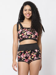 CUKOO Padded Black Floral Printed Tankini