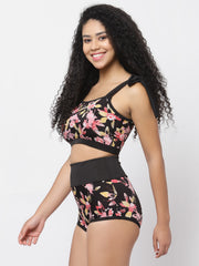 CUKOO Padded Black Floral Printed Tankini