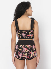 CUKOO Padded Black Floral Printed Tankini