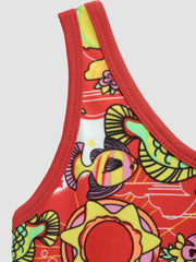 Cukoo Solid Single Piece Fish Printed Red kids Swimsuit