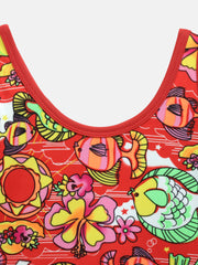 Cukoo Solid Single Piece Fish Printed Red kids Swimsuit