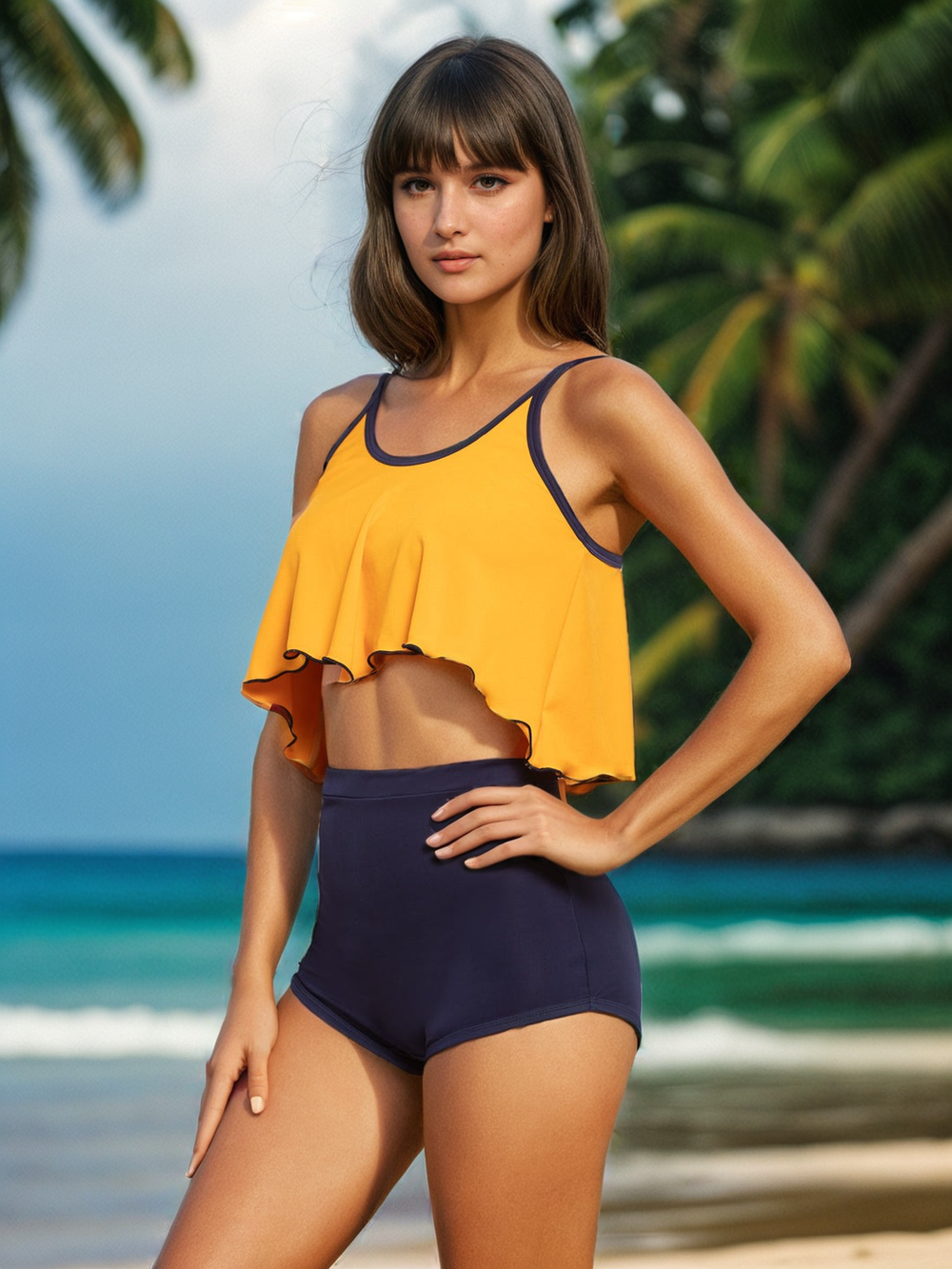 CUKOO Padded Two Piece Yellow & Blue Tankini Swimwear - Cukoo