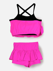 CUKOO Girls Solid Pink Ruffled 2 PC Swim suit set (kids swimsuit)