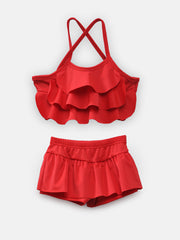 CUKOO Girls Solid Red Ruffled 2 PC Kids Swimsuit set Girl - Cukoo