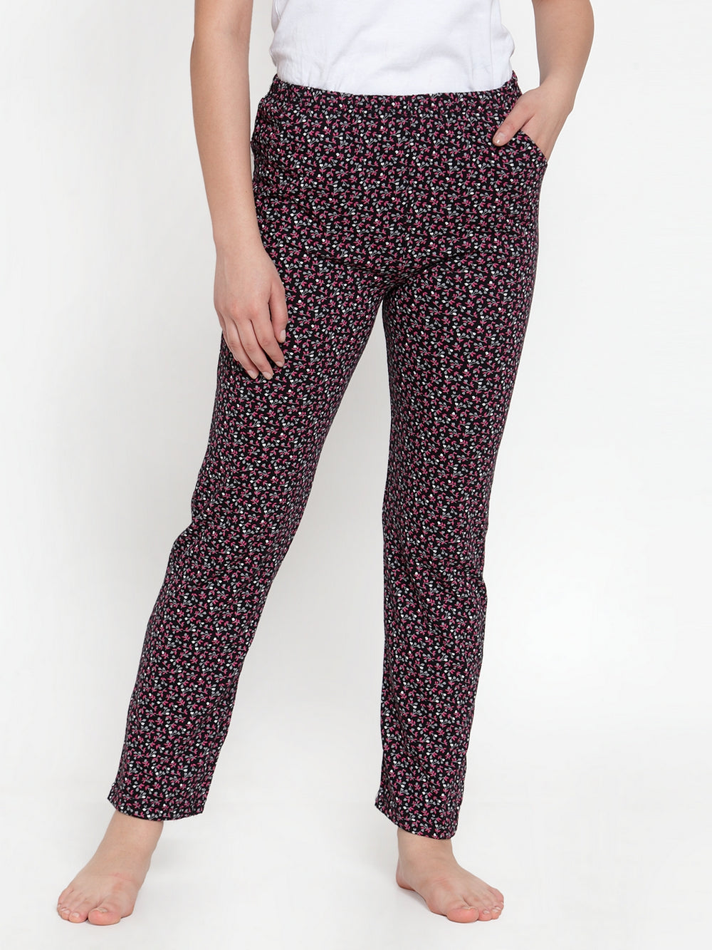 Cukoo Comfy: Black Floral Night Pyjama with Strechable Fabric for Women - Cukoo