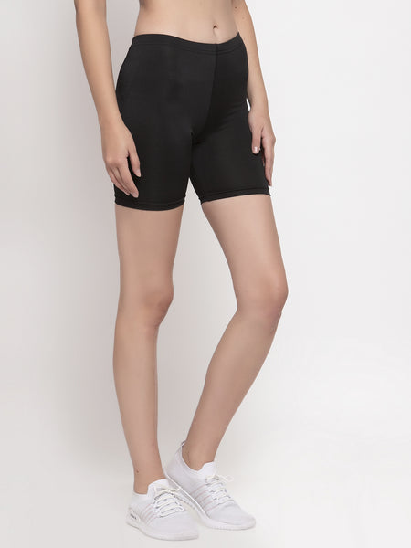 Cukoo Solid Black lycra stretchable shorts for Women Nylon and Spandex Mix Comfort Fit