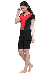 Cukoo Padded Single Piece Solid Red & Black Swimwear with Knee length shorts for Women and Girls - Cukoo