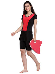 Cukoo Padded Single Piece Solid Red & Black Swimwear with Knee length shorts for Women and Girls - Cukoo