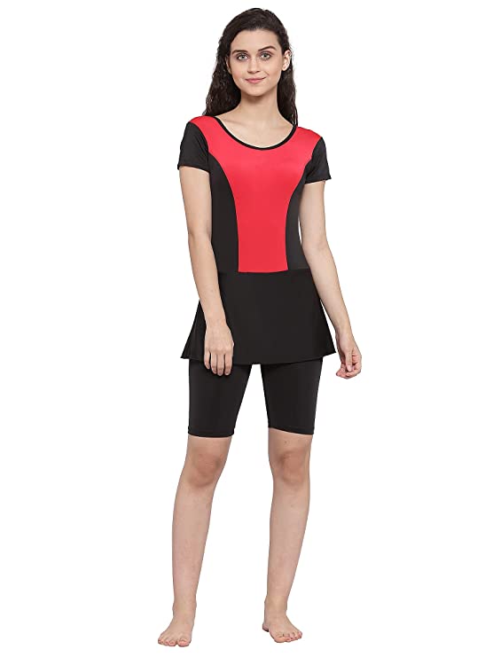 Cukoo Padded Single Piece Solid Red & Black Swimwear with Knee length shorts for Women and Girls - Cukoo