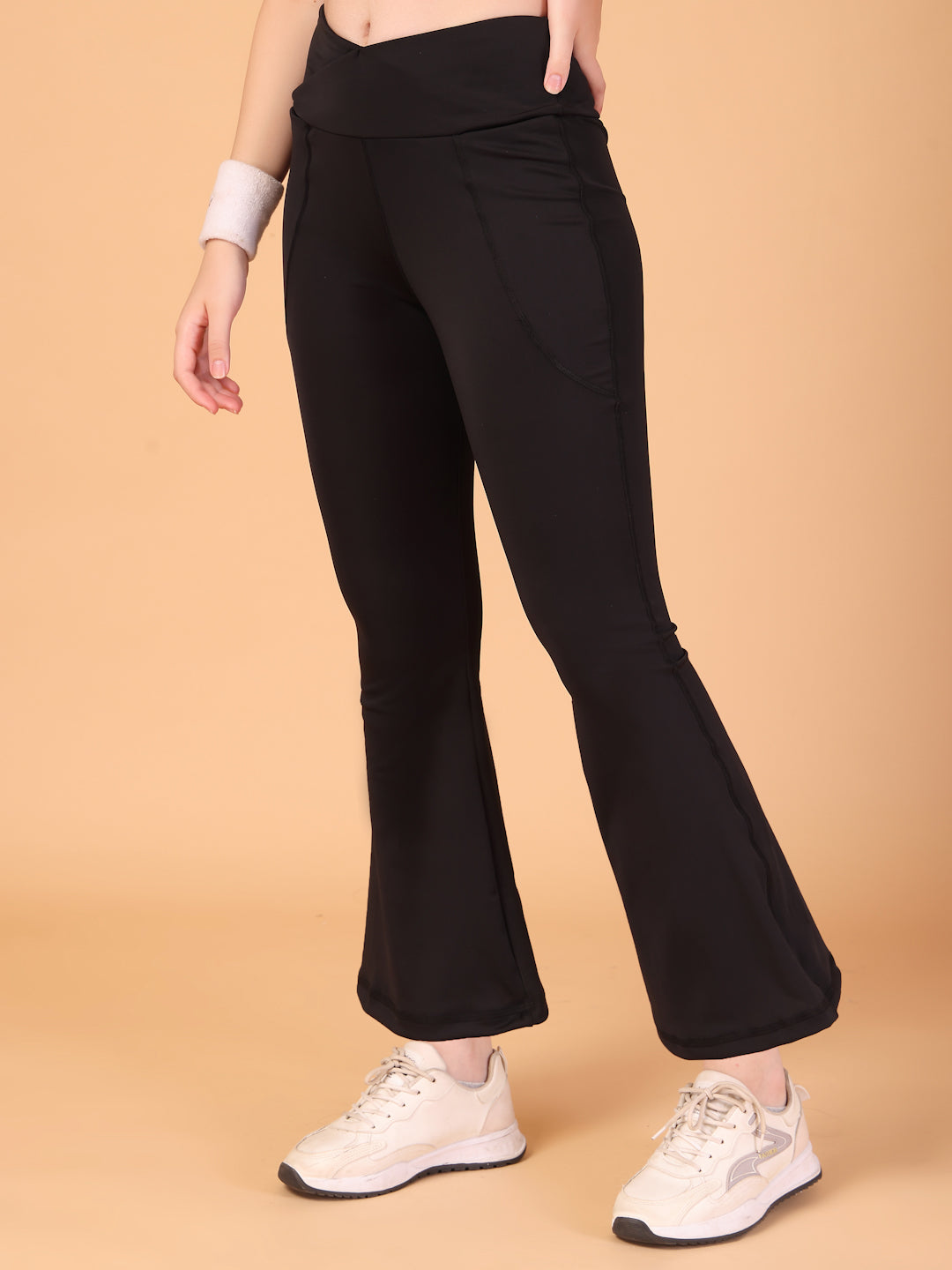 CUKOO Black High Waist Flared Workout Leggings for women with Side Pockets – Stretch & Breathable Athleisure Pants