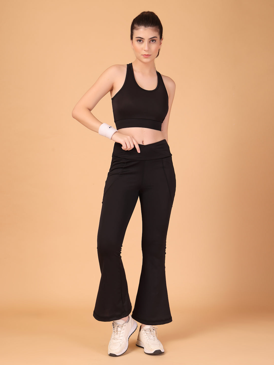 CUKOO Black High Waist Flared Workout Leggings for women with Side Pockets – Stretch & Breathable Athleisure Pants