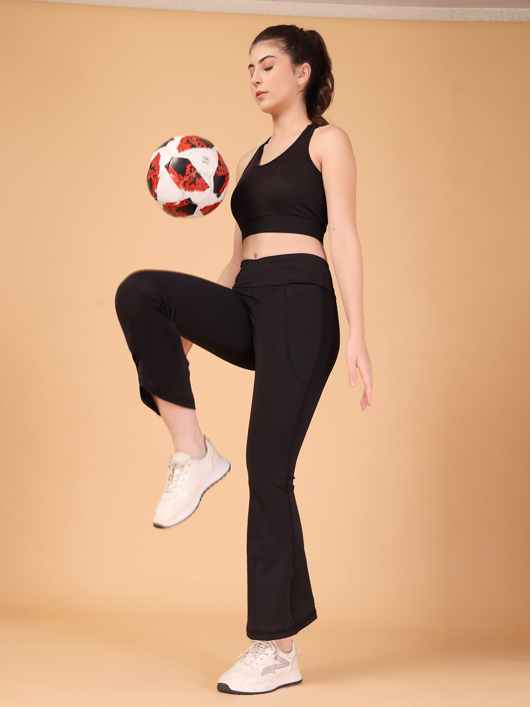 CUKOO Black High Waist Flared Workout Leggings for women with Side Pockets – Stretch & Breathable Athleisure Pants