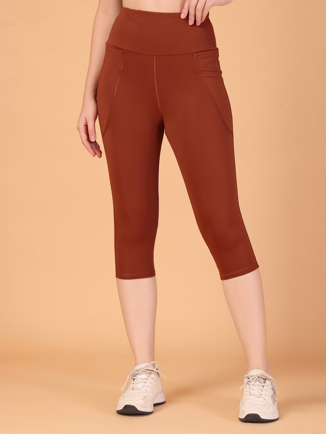CUKOO Cocoa Brown High Waist Capri, Workout 3/4 Leggings for women with Pockets – Stretch, Anti-Chafe & Second-Skin Comfort