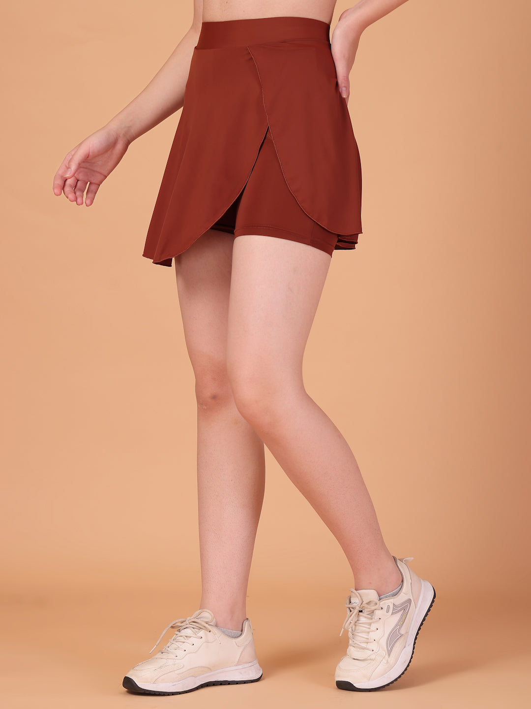 Women’s Cocoa Brown High Waist Skirt with Built-in Shorts & Hidden Pocket – Stretch, Breathable & Anti-Chafe