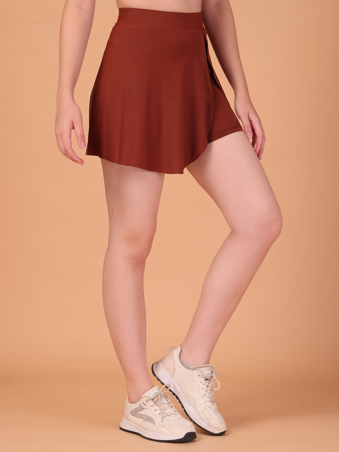 Women’s Cocoa Brown High Waist Skirt with Built-in Shorts & Hidden Pocket – Stretch, Breathable & Anti-Chafe