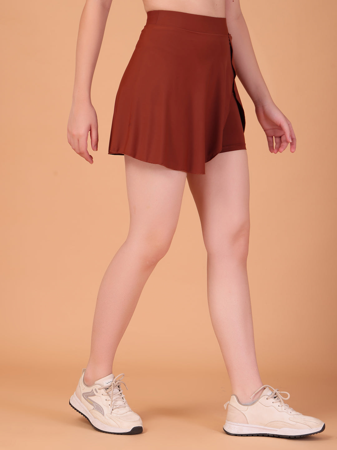 Women’s Cocoa Brown High Waist Skirt with Built-in Shorts & Hidden Pocket – Stretch, Breathable & Anti-Chafe