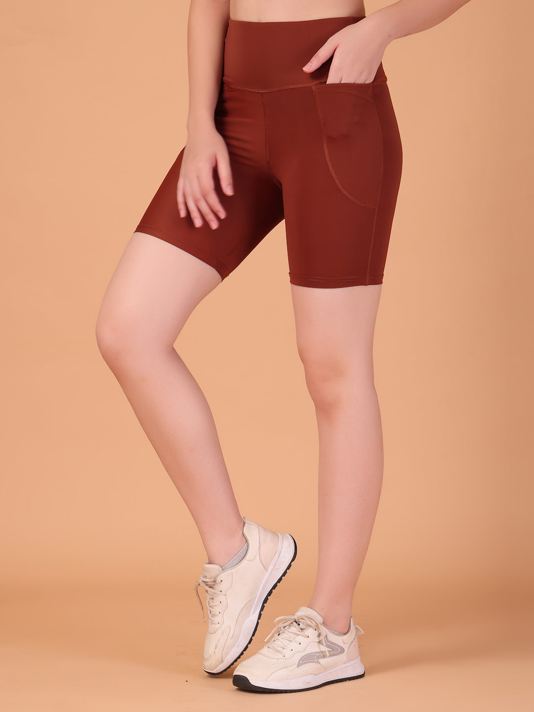 CUKOO Cocoa Brown High Waist Workout Shorts for women with Pockets – Soft, Stretch & Anti-Chafe