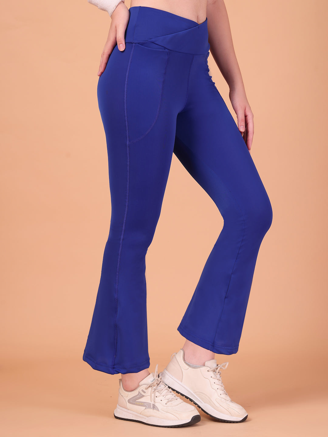 CUKOO High Waist Royal Blue Flared Workout Leggings for women with Side Pockets – Stretch & Breathable Athleisure Pants