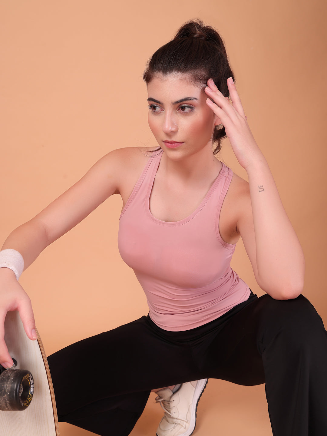 CUKOO Beige Padded Racerback Tank Top for women – Stretch, Breathable & Second-Skin Fit