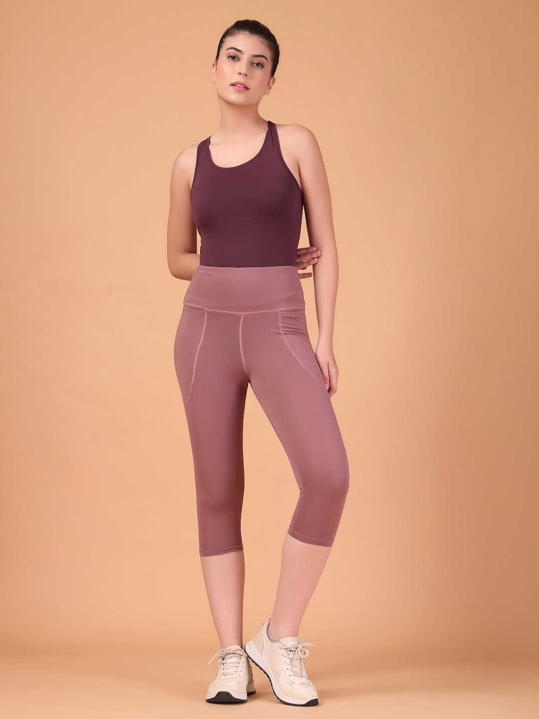 CUKOO Mauve High Waist Capri, Workout 3/4 Leggings for women with Pockets – Soft, Stretch & Anti-Chafe