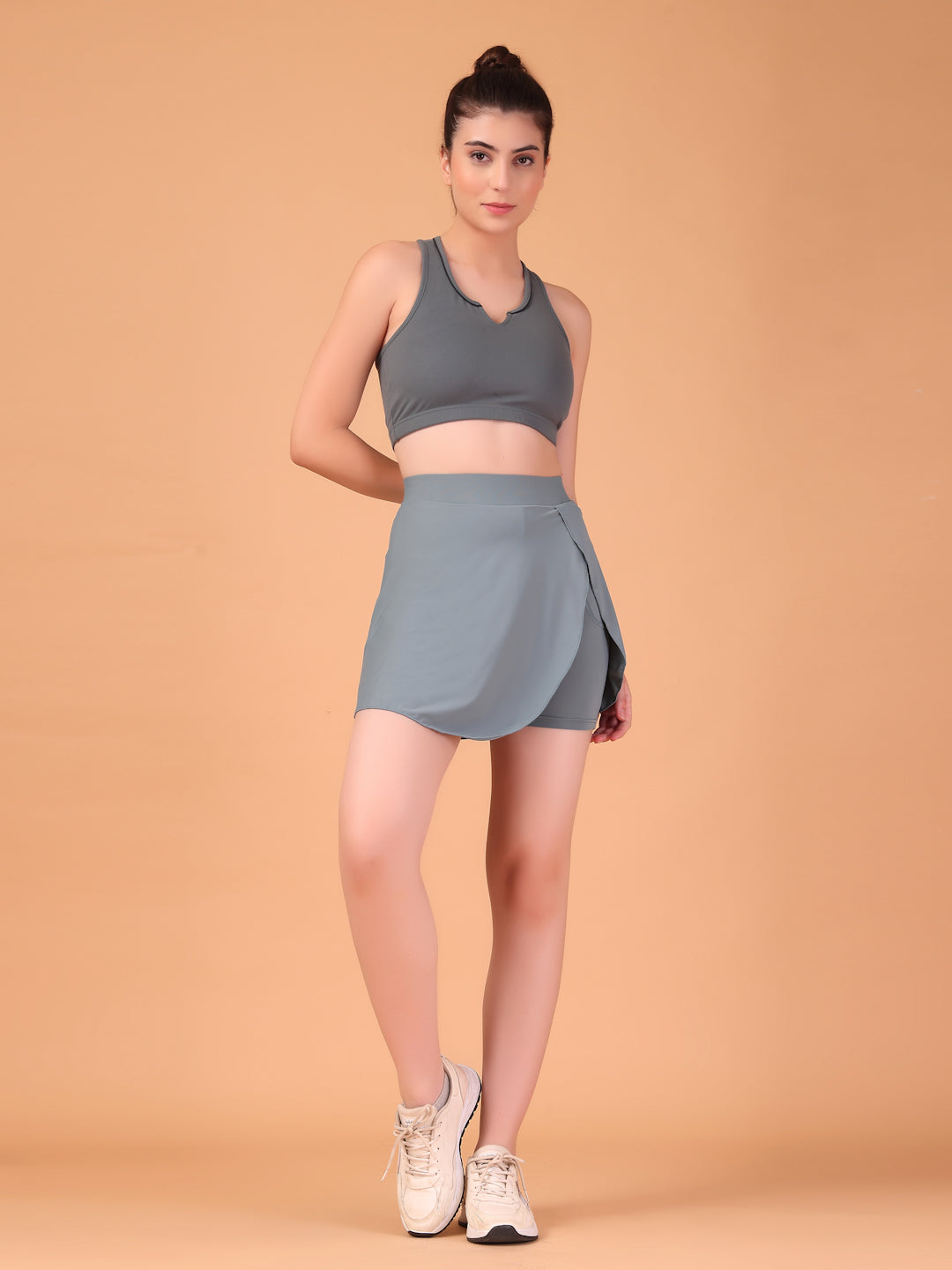 Women’s Grey High Waist Skirt with Built-in Shorts & Hidden Pocket – Stretch, Breathable & Anti-Chafe