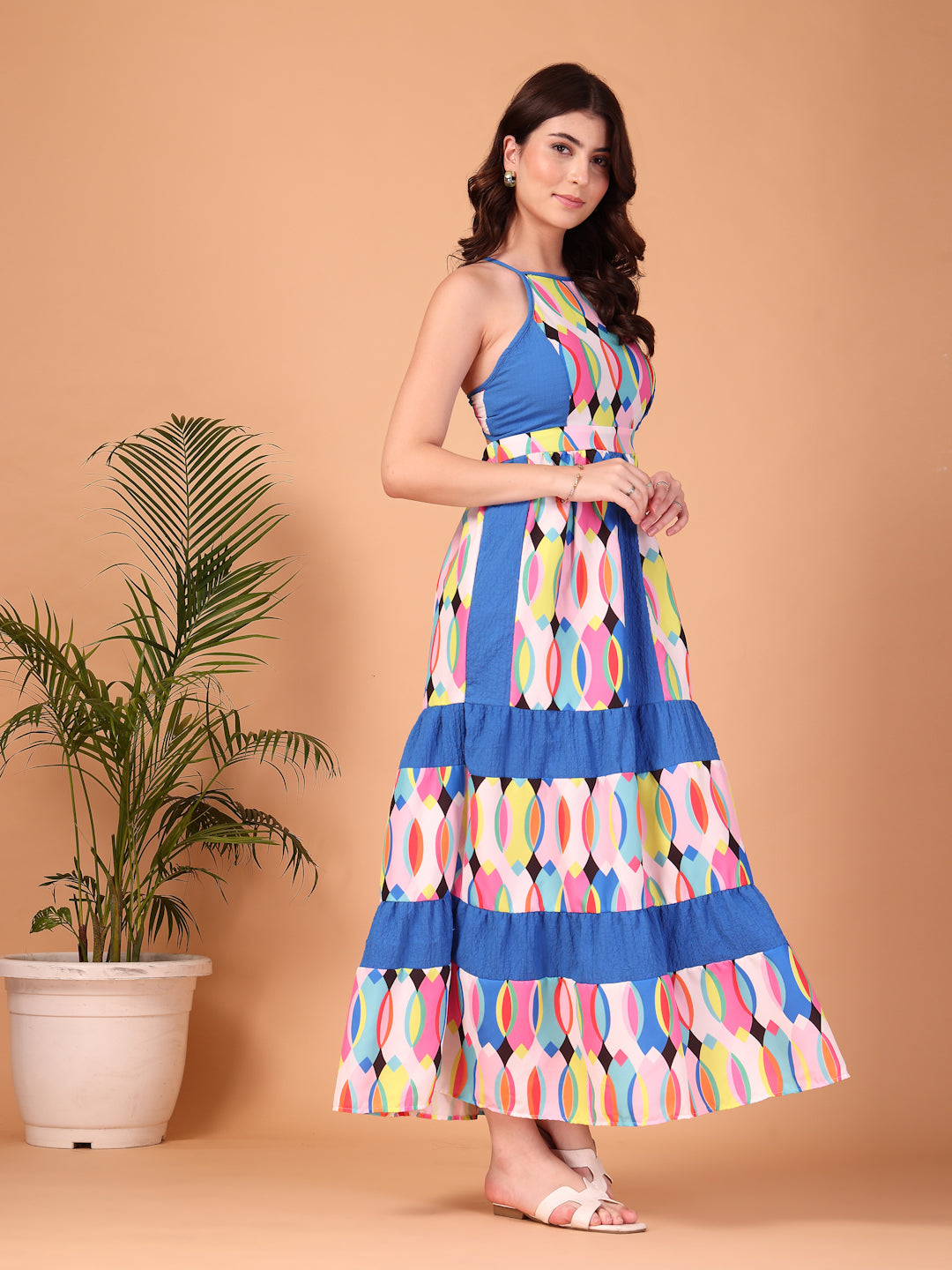Blue Geometric printed Double Georgette Maxi Dress