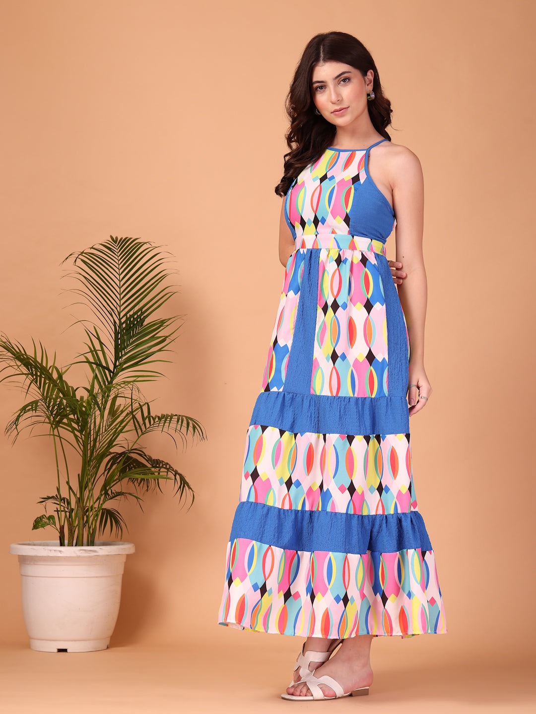 Blue Geometric printed Double Georgette Maxi Dress