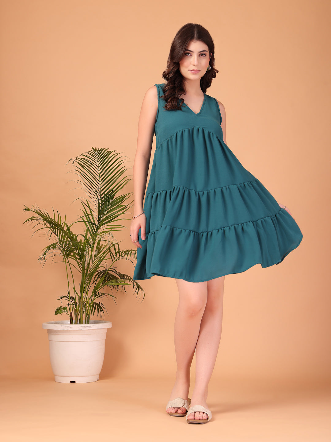 Teal Double-Georgette Mini Dress