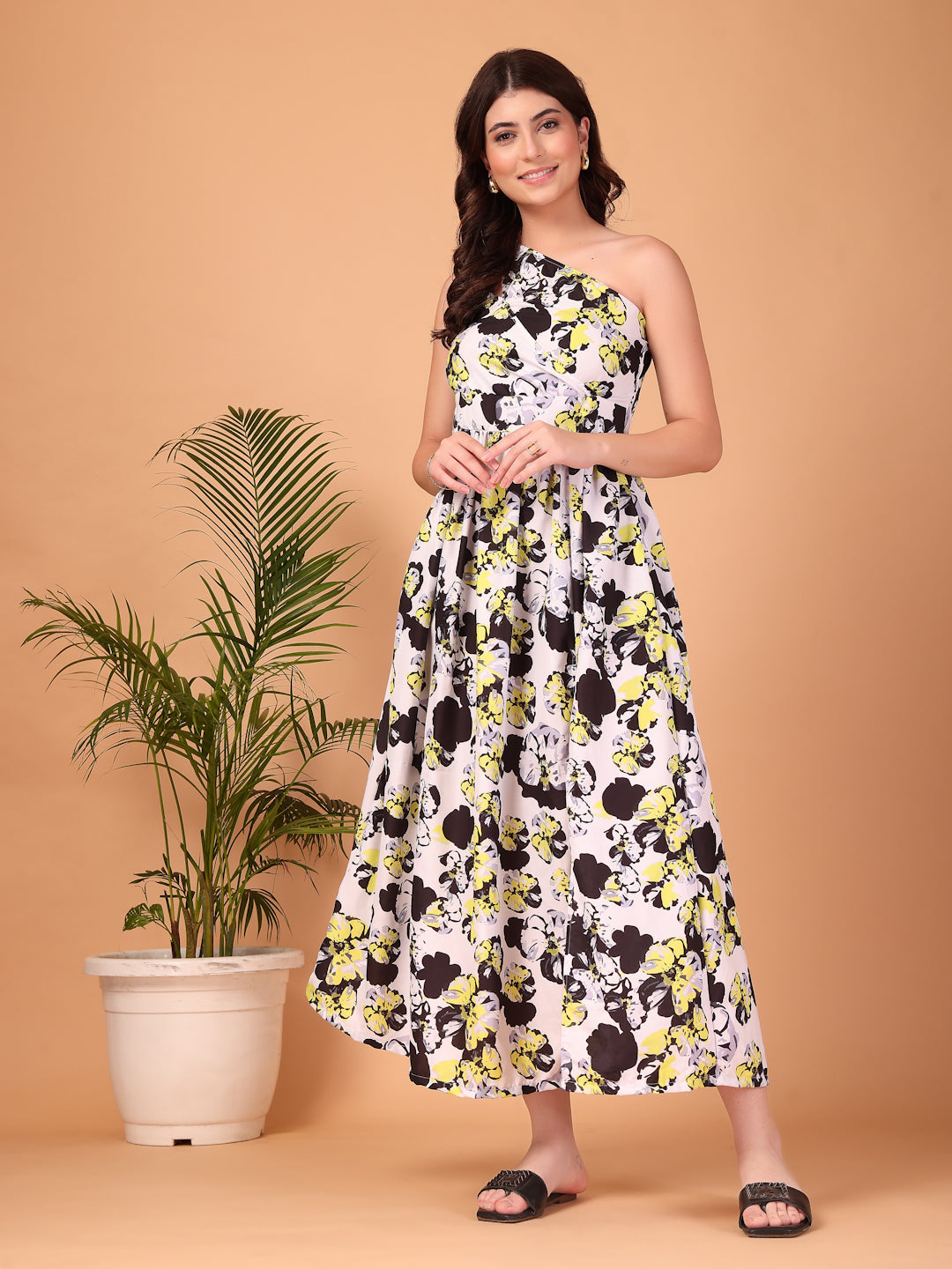 White Floral Double Georgette One-Shoulder Maxi Dress