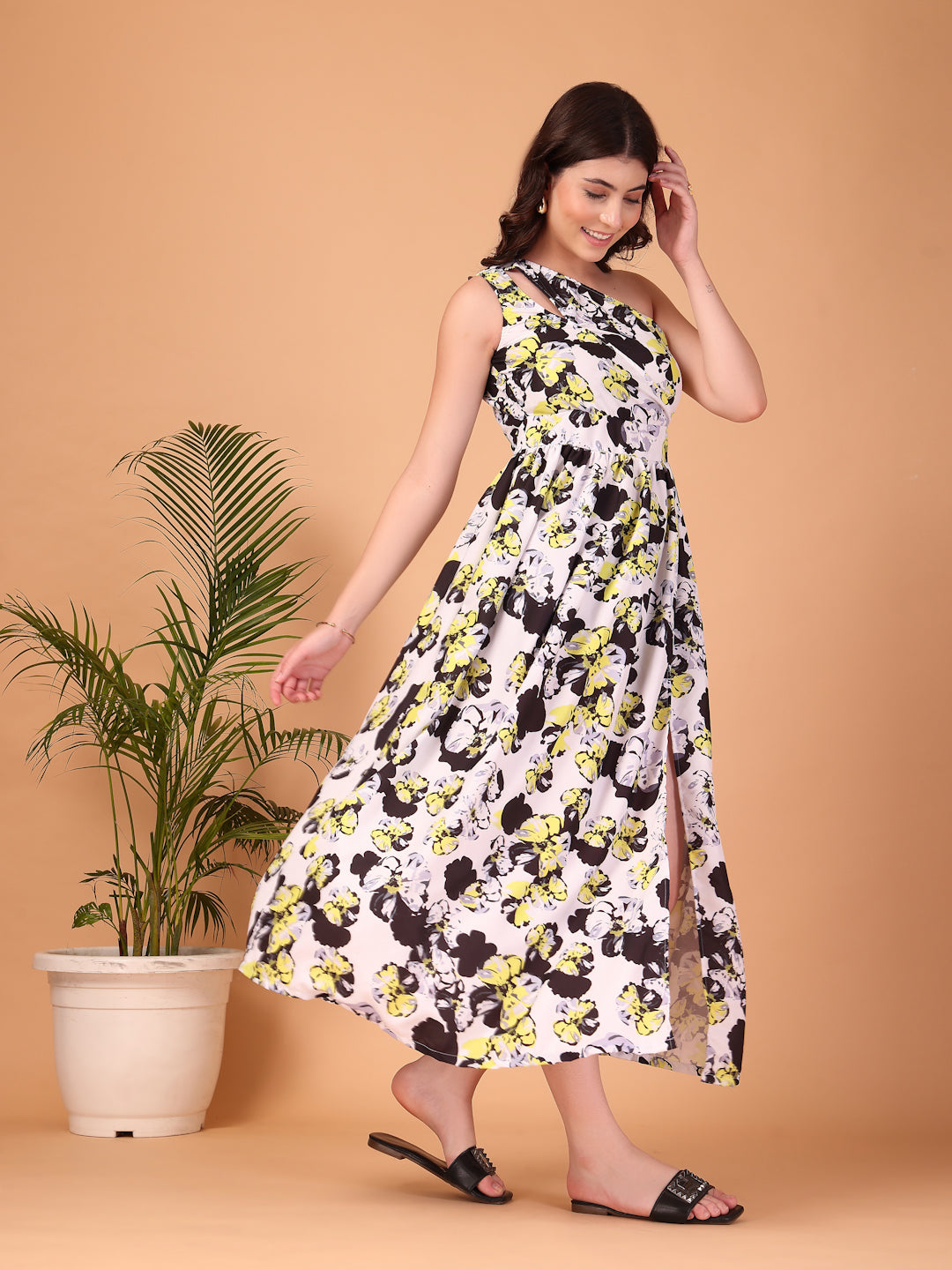 White Floral Double Georgette One-Shoulder Maxi Dress