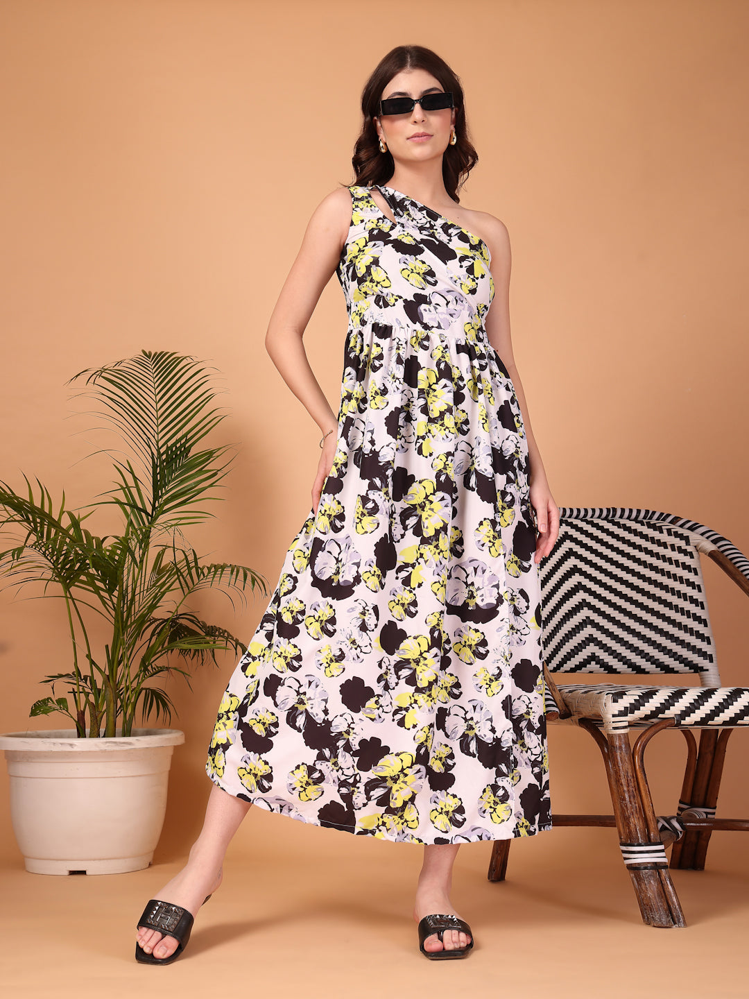 White Floral Double Georgette One-Shoulder Maxi Dress
