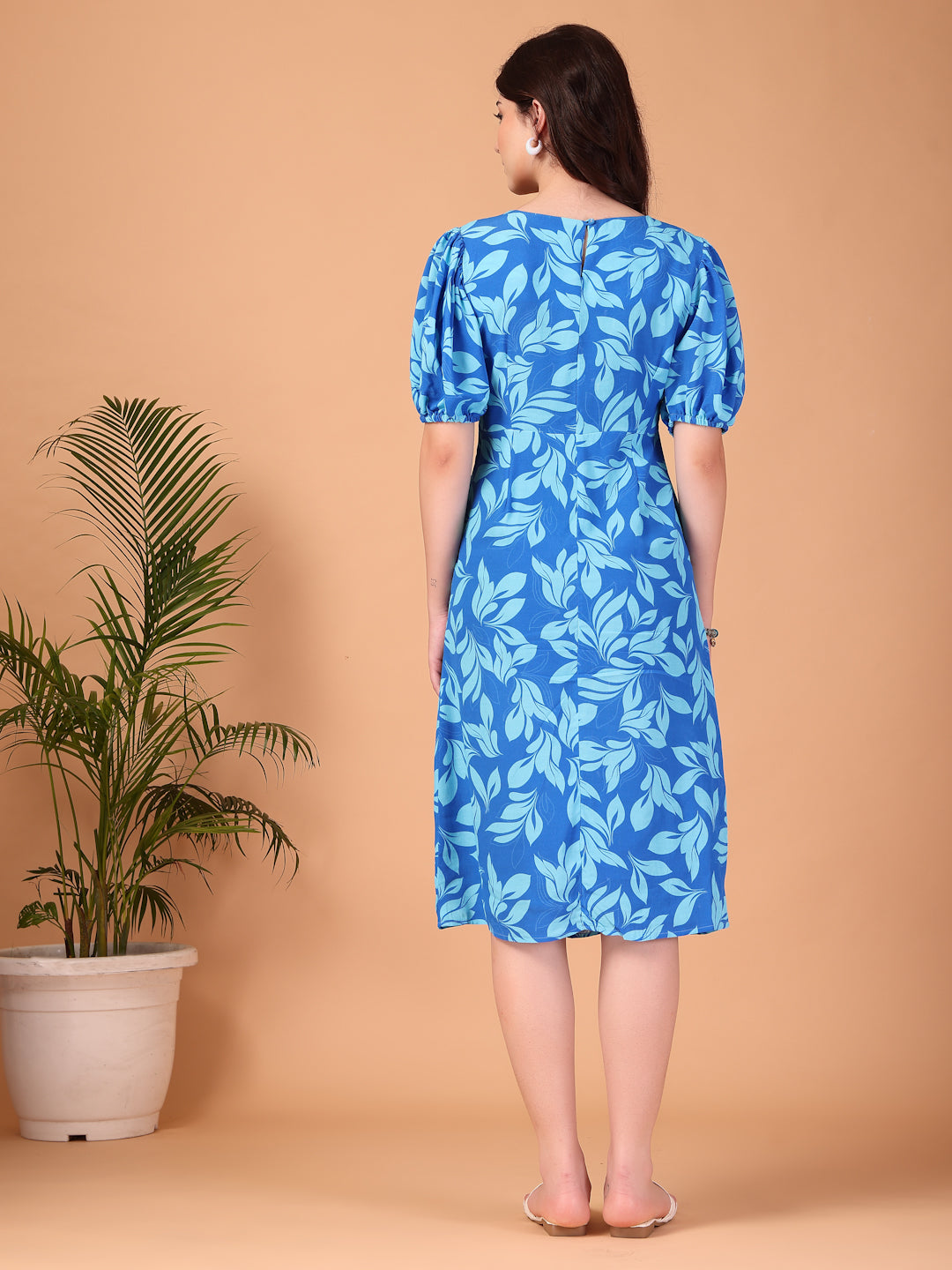 Blue Leaf Printed Double georgette Cutout Dress