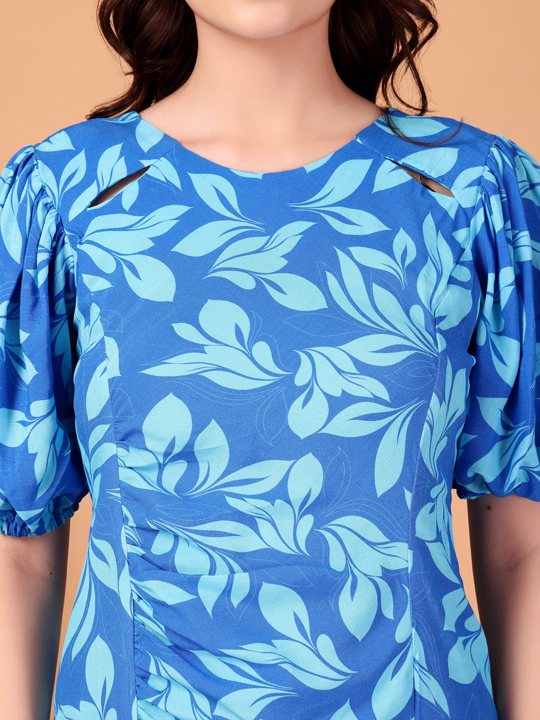 Blue Leaf Printed Double georgette Cutout Dress