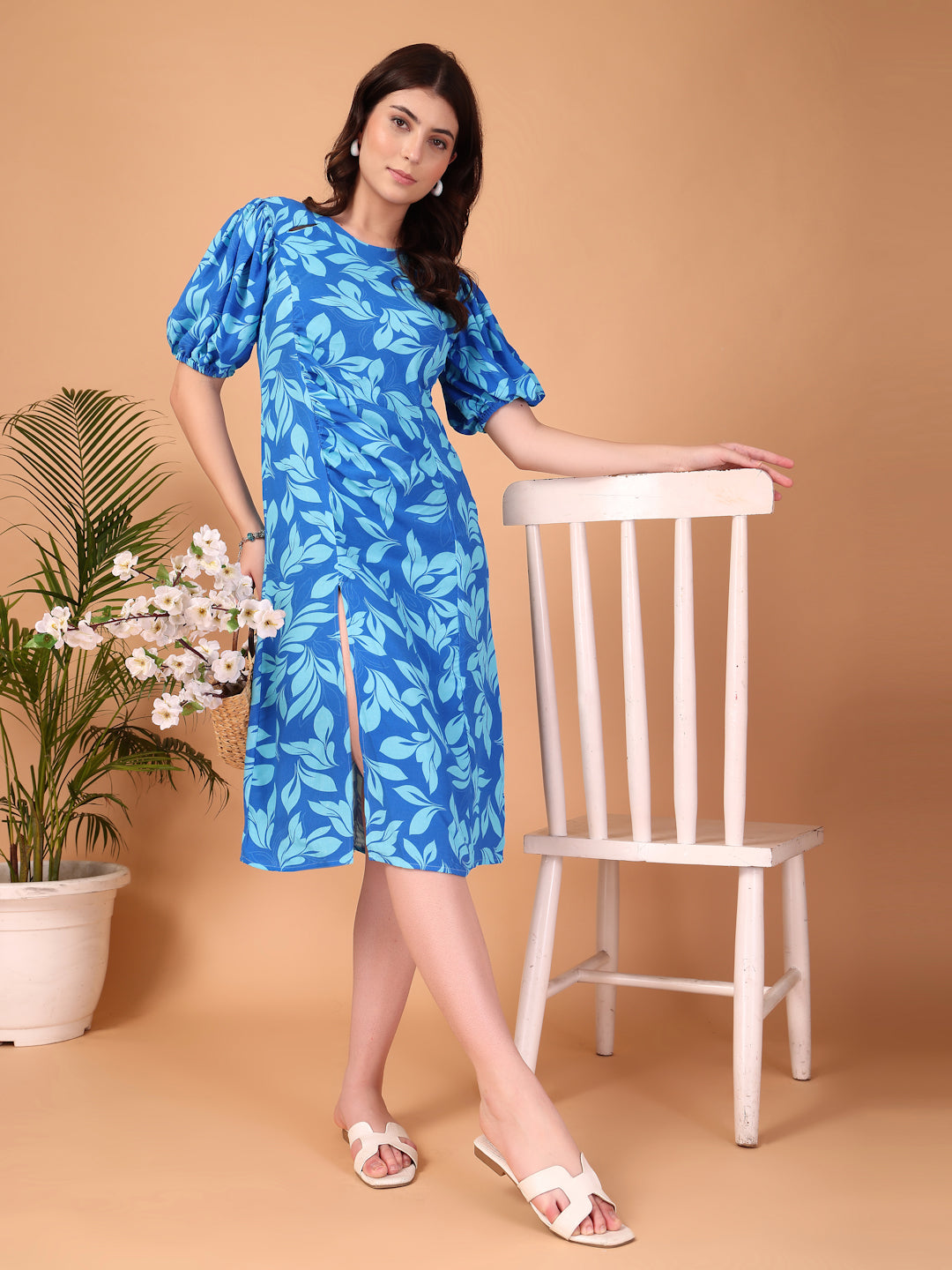 Blue Leaf Printed Double georgette Cutout Dress