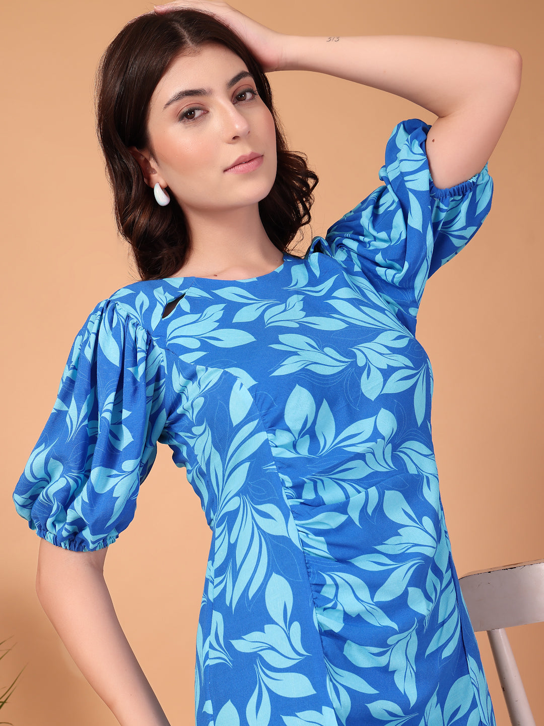 Blue Leaf Printed Double georgette Cutout Dress