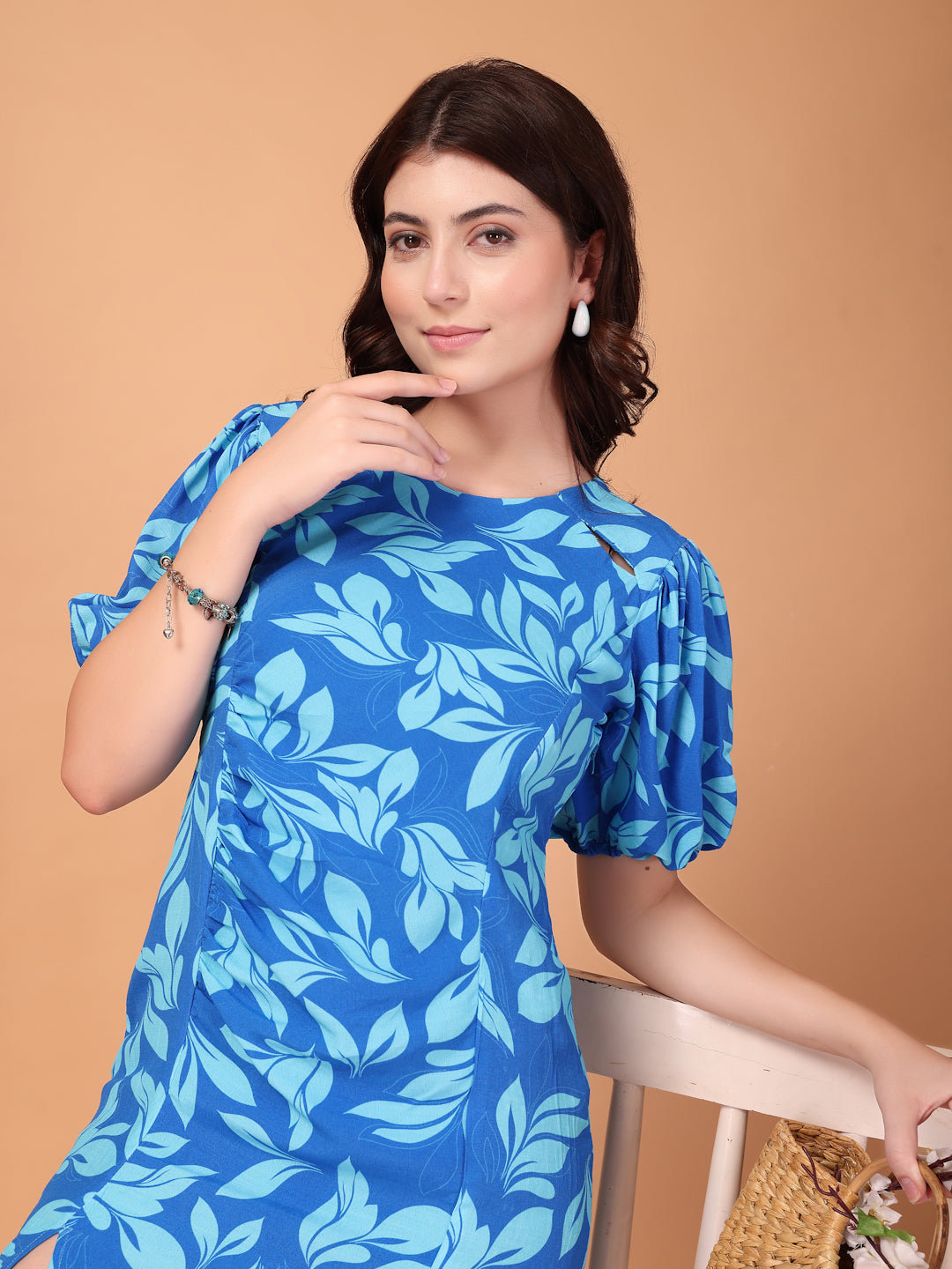 Blue Leaf Printed Double georgette Cutout Dress