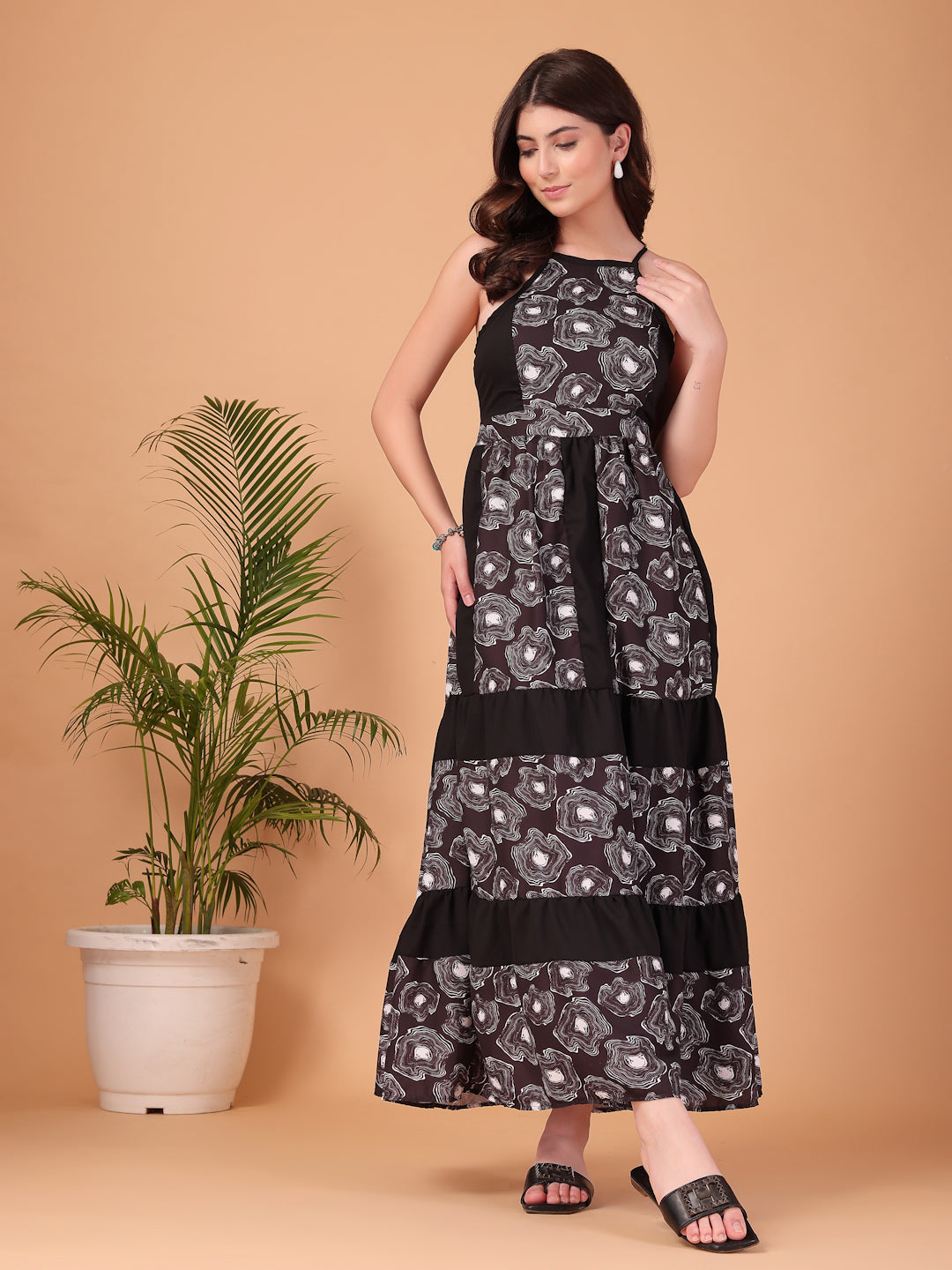 Black Floral printed Double Georgette Maxi Dress