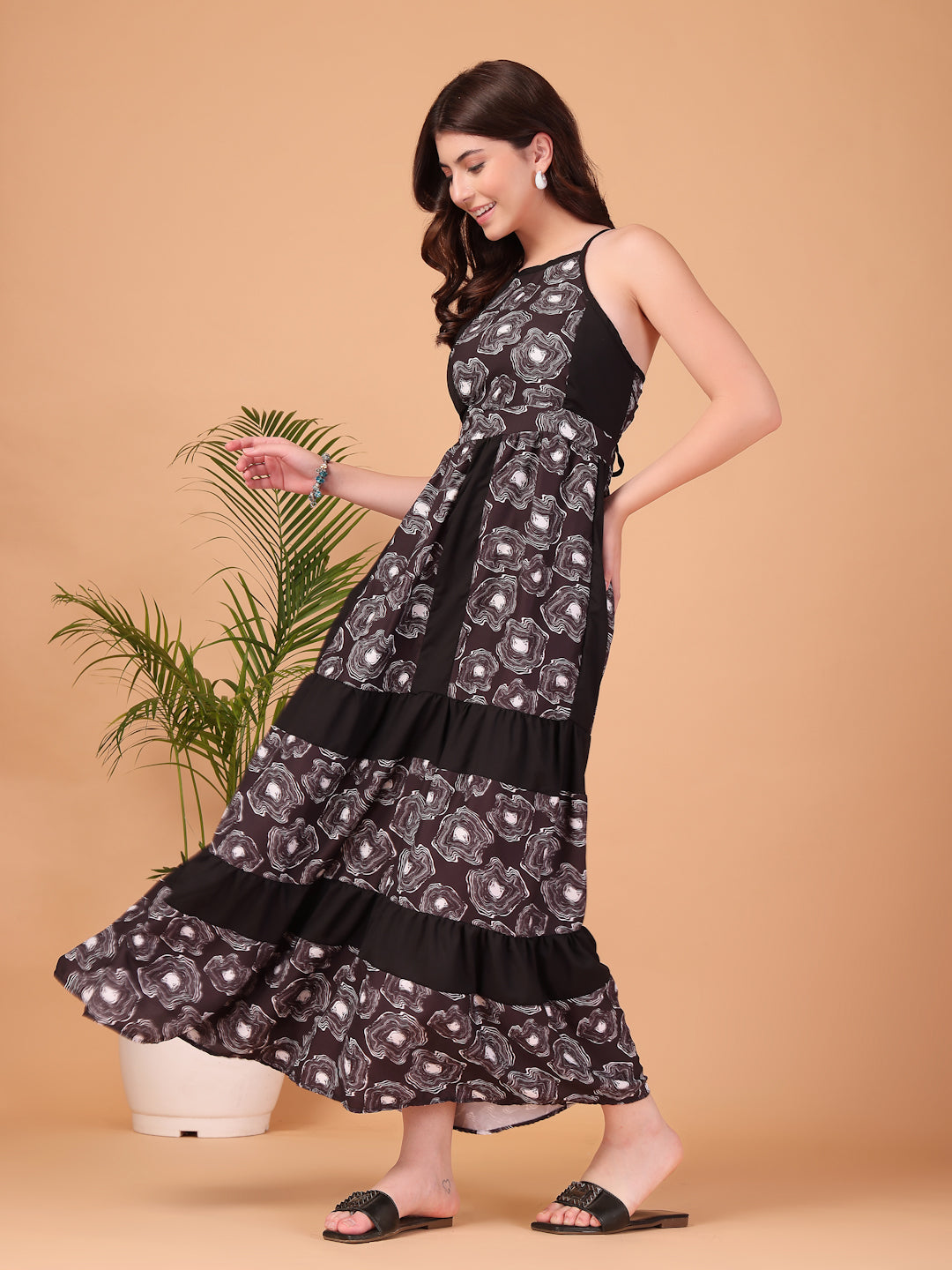 Black Floral printed Double Georgette Maxi Dress